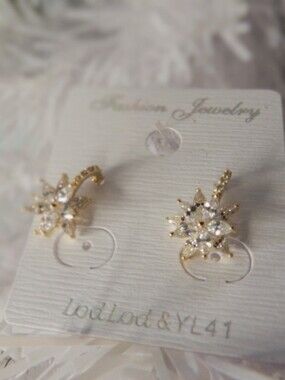 Fashion Jewelry Gold and Clear Crystal Starburst Hoop Stud Earrings